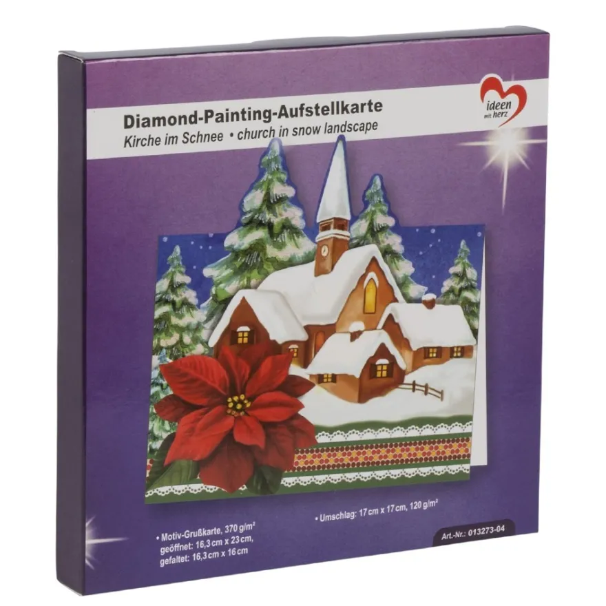 Diamond-Painting-Aufstellkarte, Kirche im Schnee, 16,3cm x 16cm, inkl. Umschlag & Werkzeug