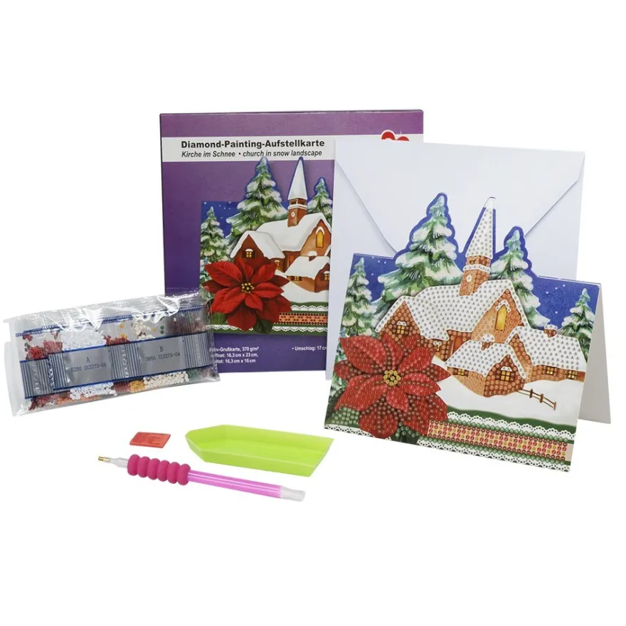 Diamond-Painting-Aufstellkarte, Kirche im Schnee, 16,3cm x 16cm, inkl. Umschlag & Werkzeug