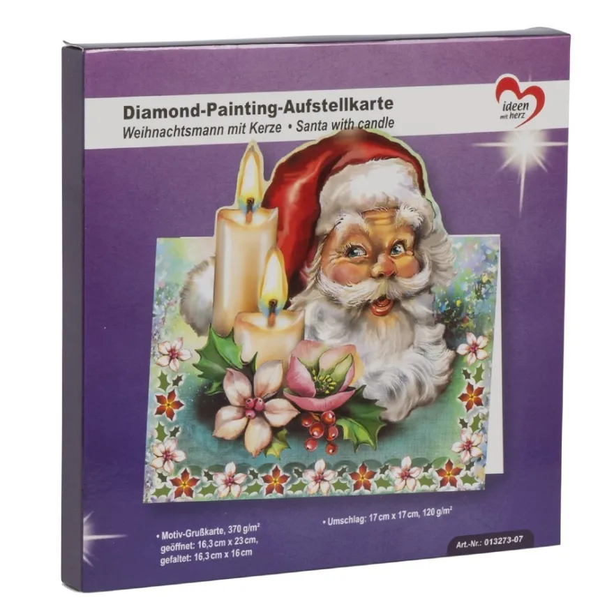 Diamond-Painting-Aufstellkarte, Weihnachtsmann mit Kerze, 16,3cm x 16cm, inkl. Umschlag & Werkzeug