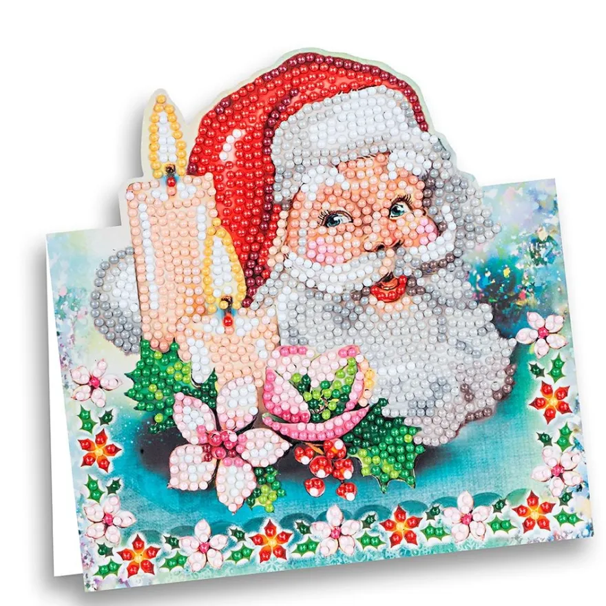 Diamond-Painting-Aufstellkarte, Weihnachtsmann mit Kerze, 16,3cm x 16cm, inkl. Umschlag & Werkzeug