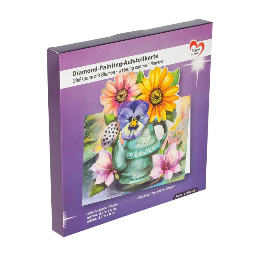 Diamond-Painting-Aufstellkarte, Gießkanne mit Blumen, 16,3cm x 16cm, inkl. Zubehör