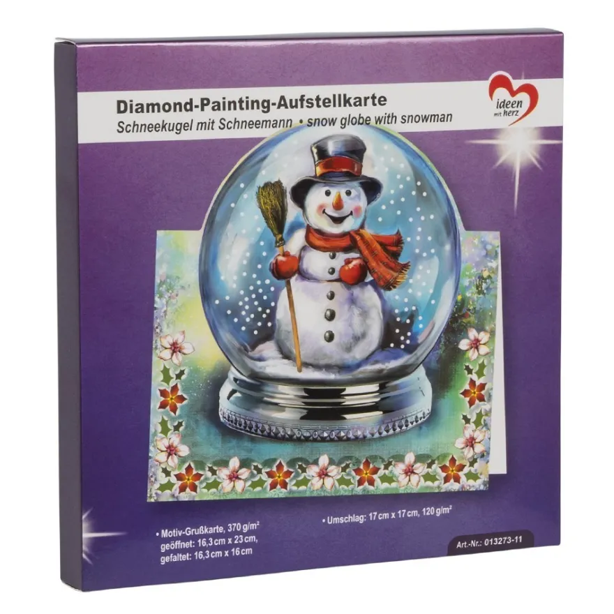 Diamond-Painting-Aufstellkarte, Schneekugel mit Schneemann, 16,3cm x 16cm, inkl. Umschlag & Werkzeug