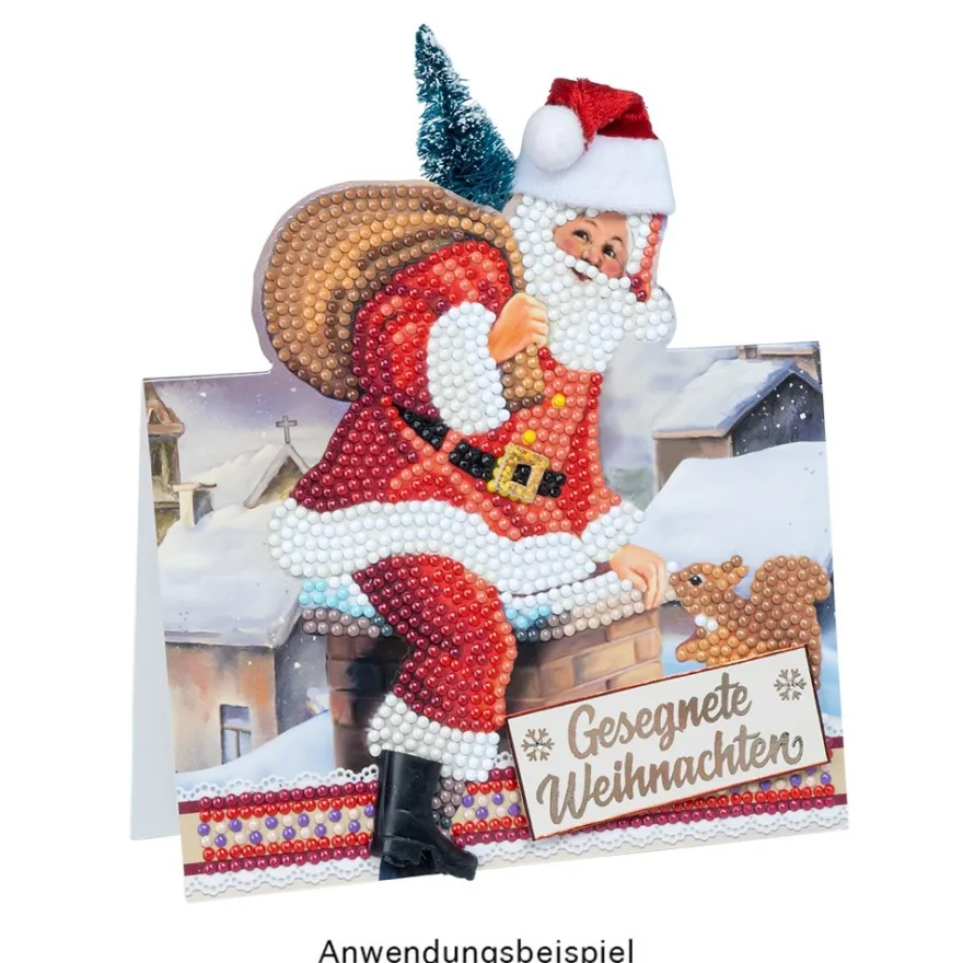 Diamond-Painting-Aufstellkarte, Weihnachtsmann auf Dach, 16,3cm x 16cm, inkl. Umschlag & Werkzeug