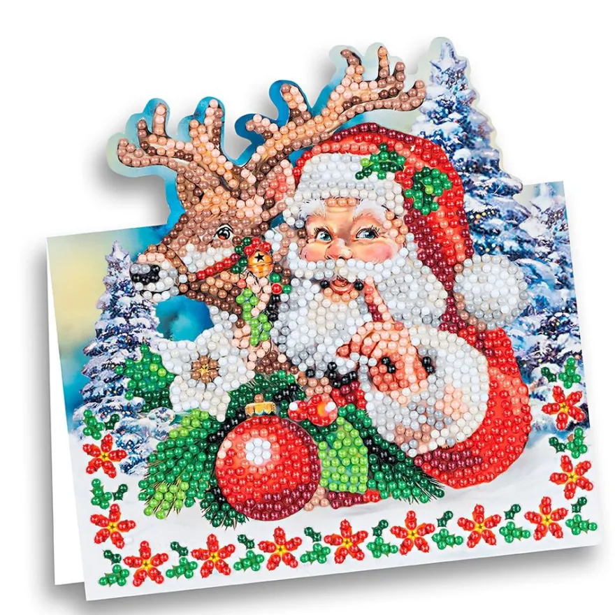 Diamond-Painting-Aufstellkarte, Weihnachtsmann mit Rentier, 16,3cm x 16cm, inkl. Umschlag & Werkzeug