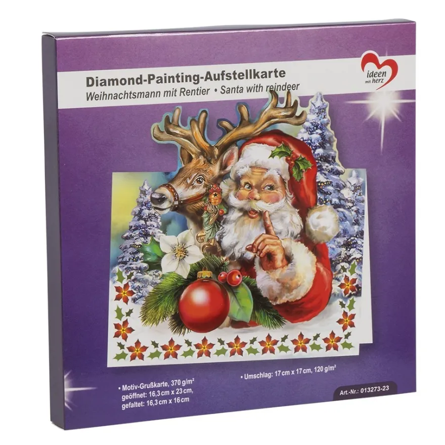 Diamond-Painting-Aufstellkarte, Weihnachtsmann mit Rentier, 16,3cm x 16cm, inkl. Umschlag & Werkzeug