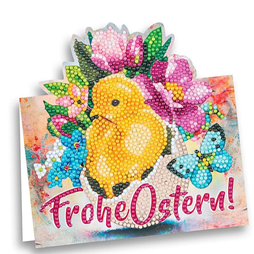 Diamond-Painting-Aufstellkarte, Küken mit Blumen, 16,3cm x 16cm, inkl. Zubehör