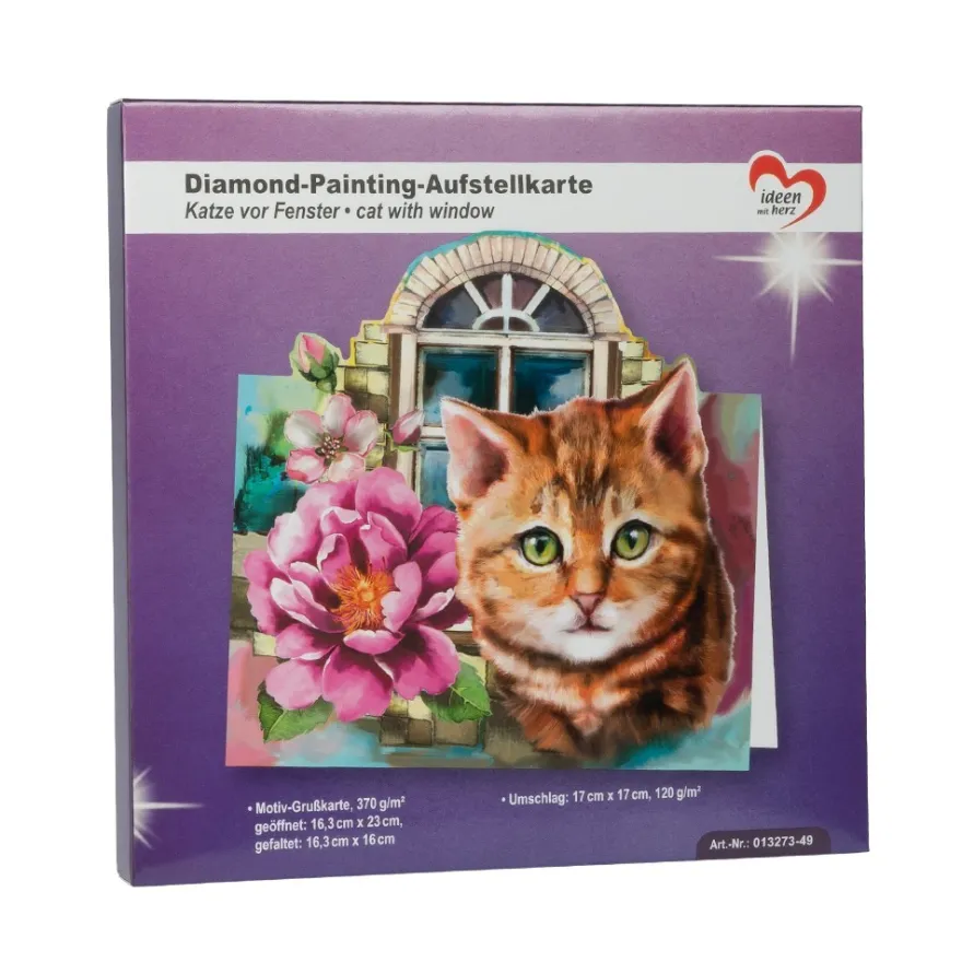 Diamond-Painting-Aufstellkarte, Katze vor Fenster, 16,3cm x 16cm, inkl. Zubehör