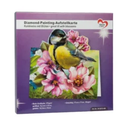 Diamond-Painting-Aufstellkarte, Kohlmeise mit Blüten, 16,3cm x 16cm, inkl. Zubehör