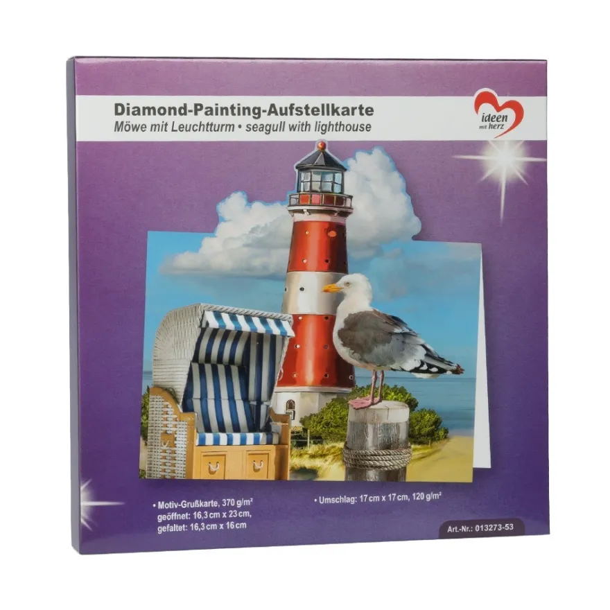 Diamond-Painting-Aufstellkarte, Möwe mit Leuchtturm, 16,3cm x 16cm, inkl. Zubehör