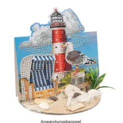 Diamond-Painting-Aufstellkarte, Möwe mit Leuchtturm, 16,3cm x 16cm, inkl. Zubehör