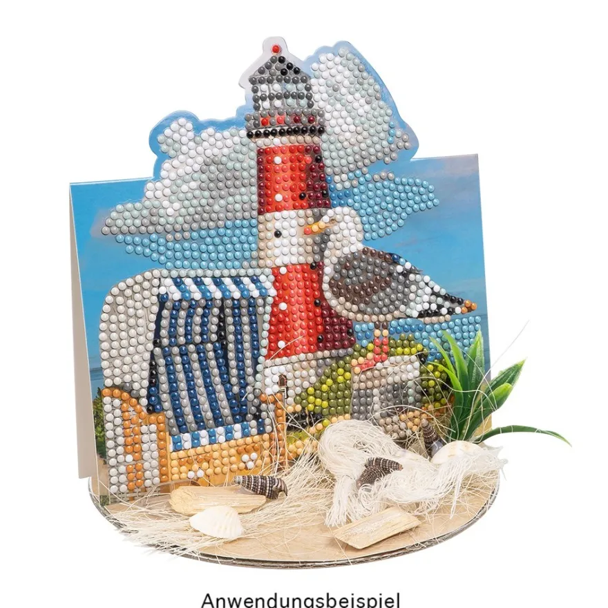 Diamond-Painting-Aufstellkarte, Möwe mit Leuchtturm, 16,3cm x 16cm, inkl. Zubehör