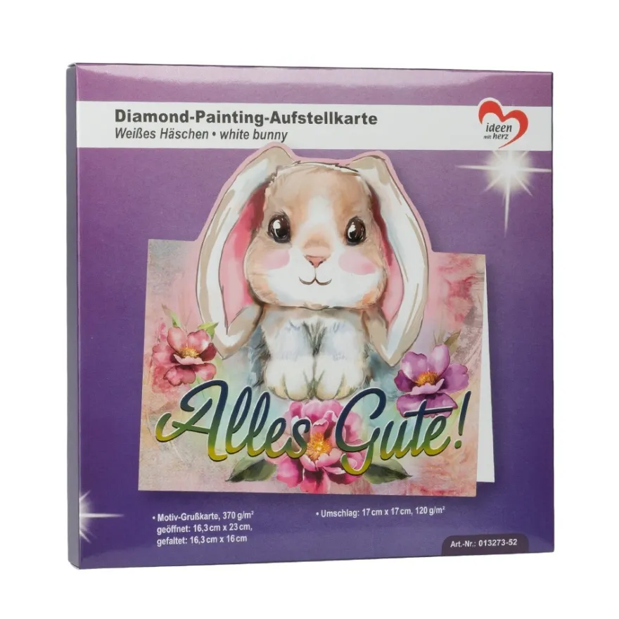 Diamond-Painting-Aufstellkarte, Weißes Häschen, 16,3cm x 16cm, inkl. Zubehör