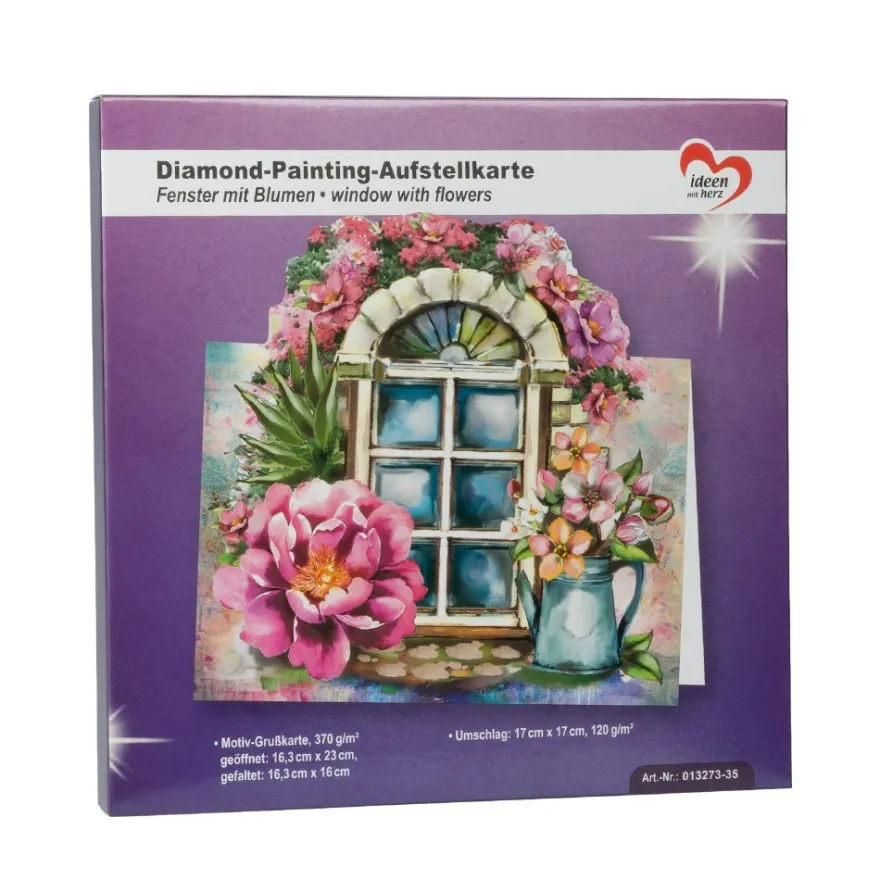 Diamond-Painting-Aufstellkarte, Fenster mit Blumen, 16,3cm x 16cm, inkl. Zubehör
