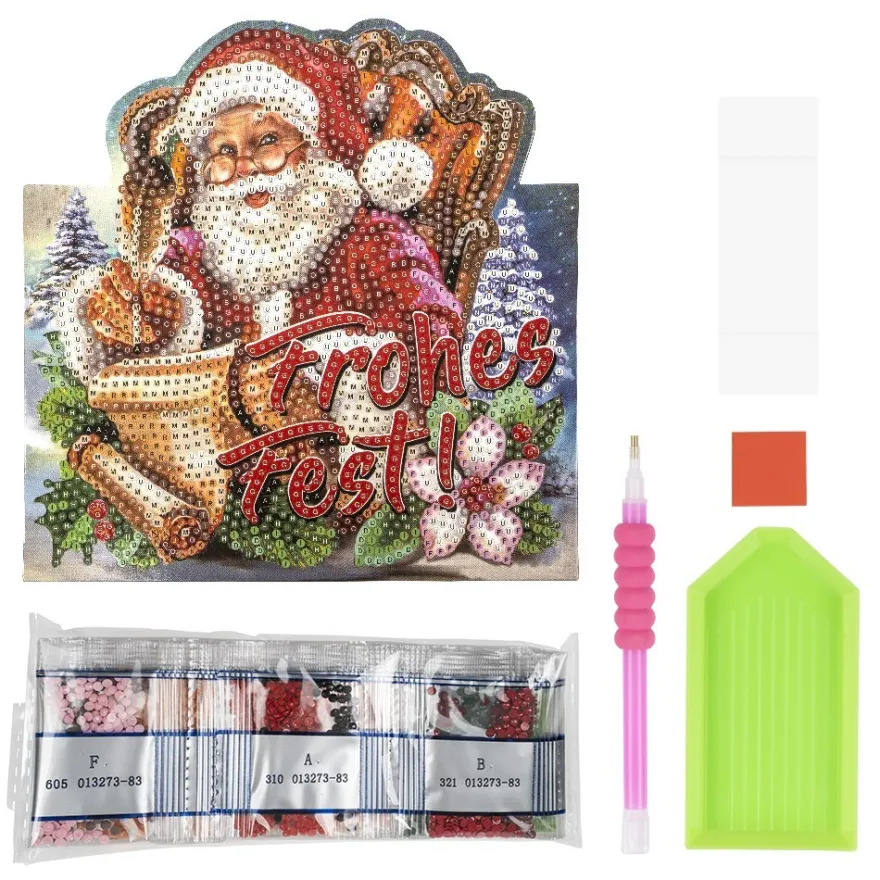 Diamond-Painting-Aufstellkarte, Weihnachtsmann - Frohes Fest!, 16,3cm x 16cm, inkl. Zubehör