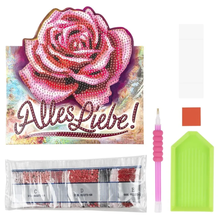 Diamond-Painting-Aufstellkarte, pinke Rose - Alles Liebe!, 16,3cm x 16cm, inkl. Zubehör