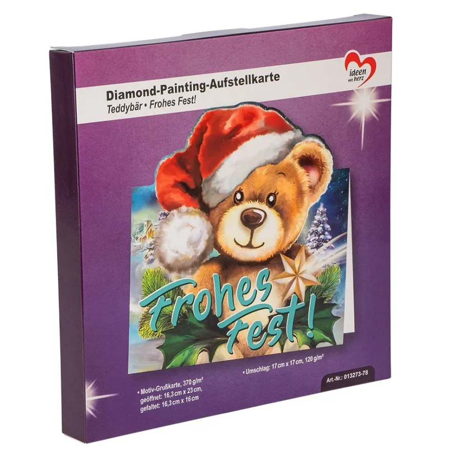 Diamond-Painting-Aufstellkarte, Teddybär - Frohes Fest!, 16,3cm x 16cm, inkl. Zubehör