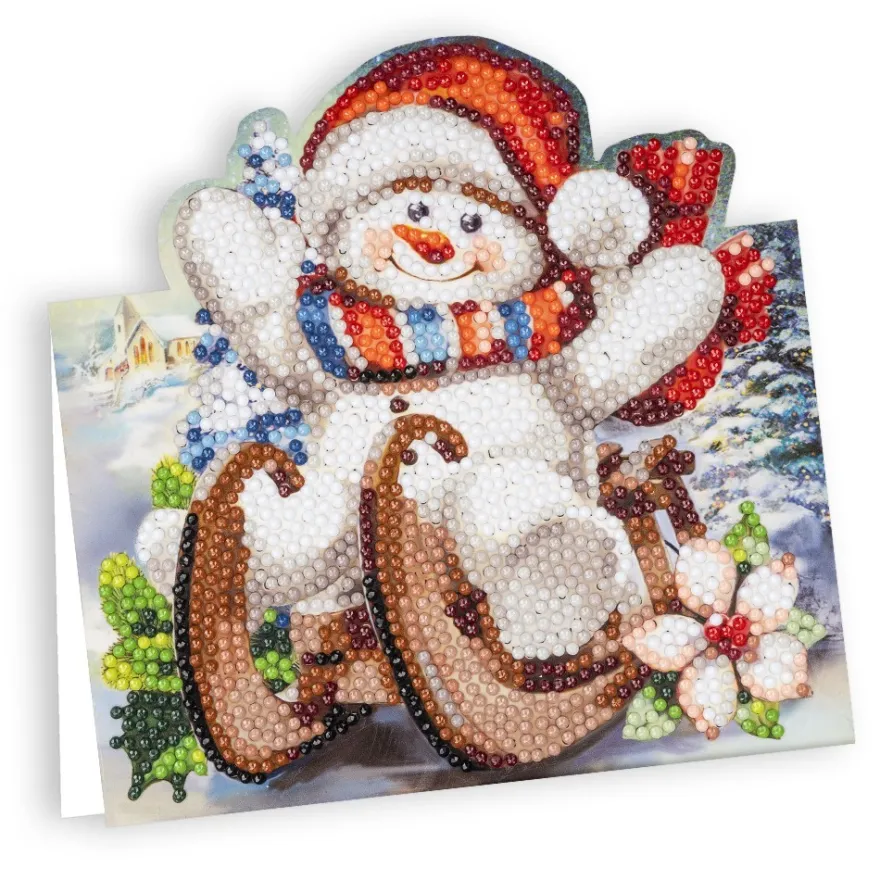 Diamond-Painting-Aufstellkarte, Schneemann mit Schlitten, 16,3cm x 16cm, inkl. Zubehör