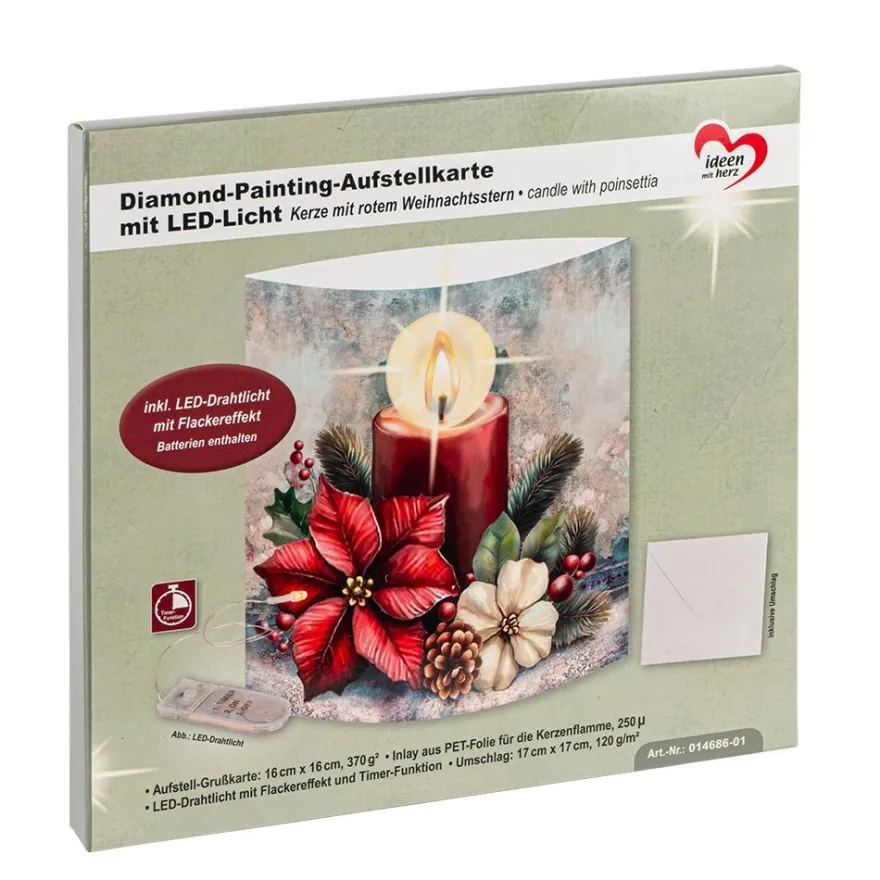 Diamond-Painting-Aufstellkarte mit LED-Licht, Kerze mit rotem Weihnachtsstern, inkl. Timer