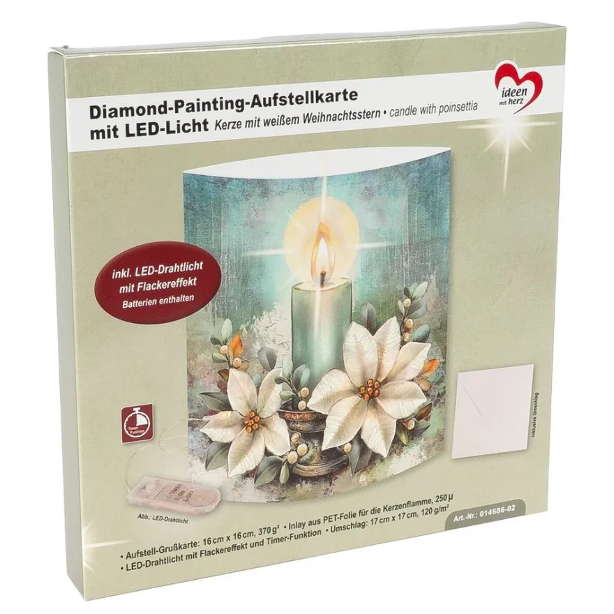 Diamond-Painting-Aufstellkarte mit LED-Licht, Kerze mit weißem Weihnachtsstern, inkl. Timer