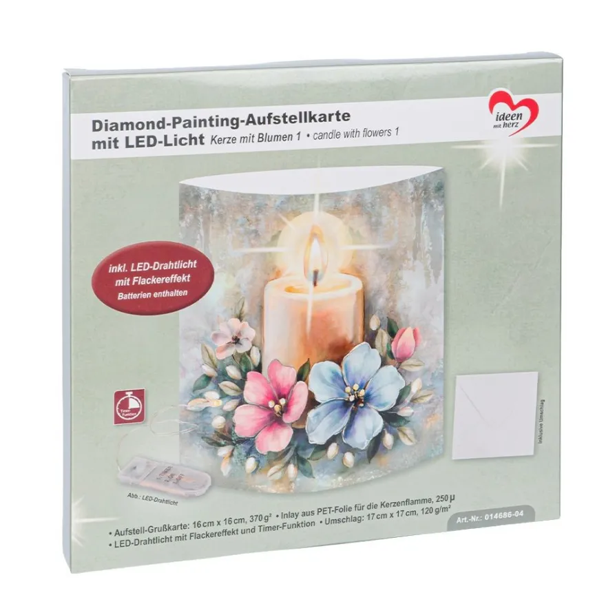 Diamond-Painting-Aufstellkarte mit LED-Licht, Kerze mit Blumen 1, inkl. Timer