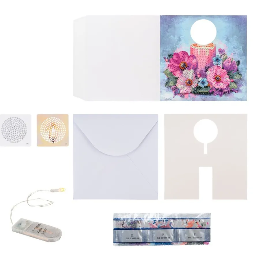 Diamond-Painting-Aufstellkarte mit LED-Licht, Kerze mit Blumen 3, inkl. Timer
