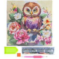 Diamond-Painting-Bild auf Keilrahmen, Eule mit Blumen, 30cm x 30cm, inkl. Werkzeug