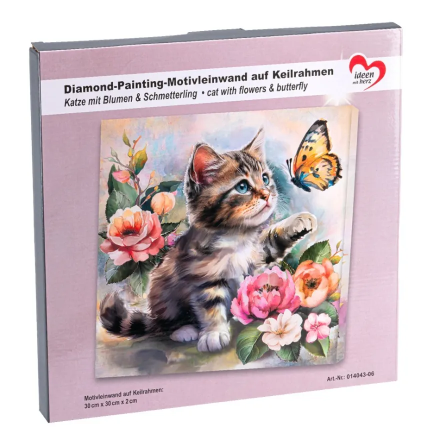 Diamond-Painting-Bild auf Keilrahmen, Katze mit Schmetterling, 30cm x 30cm, inkl. Werkzeug