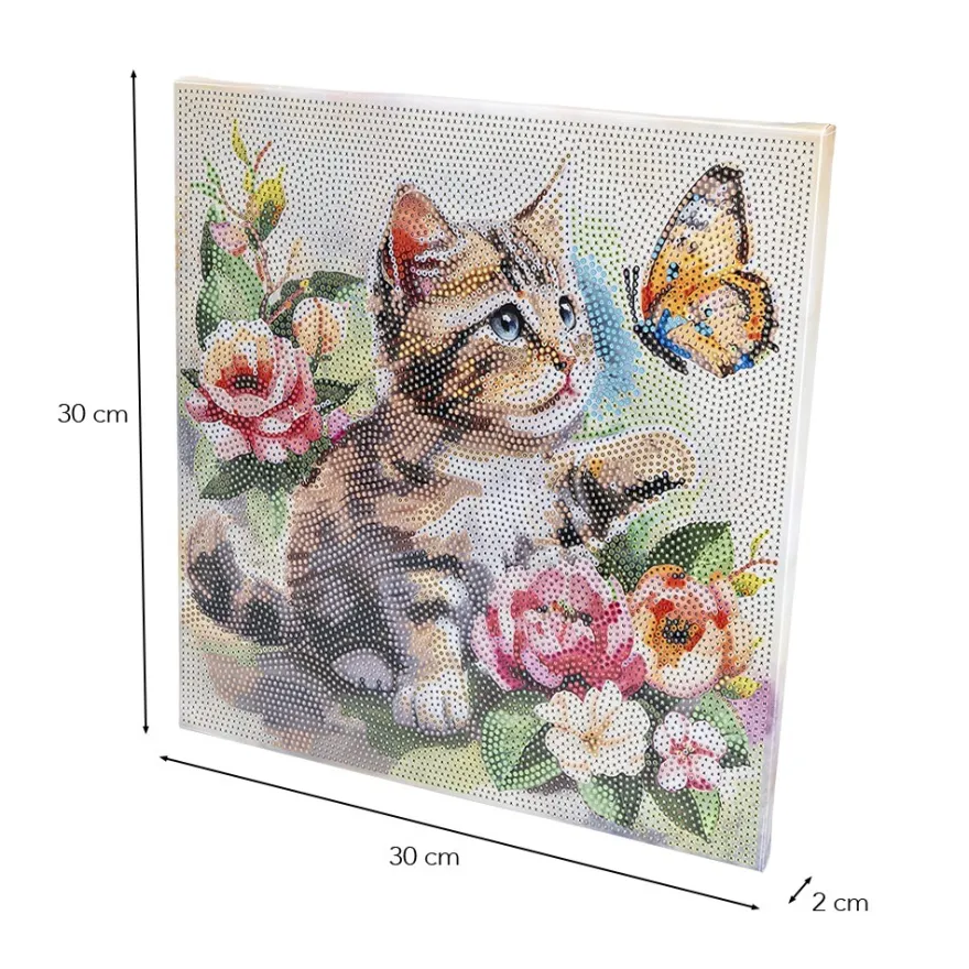 Diamond-Painting-Bild auf Keilrahmen, Katze mit Schmetterling, 30cm x 30cm, inkl. Werkzeug