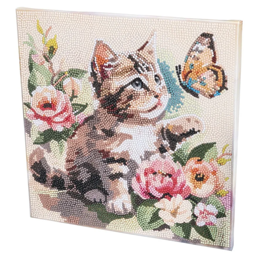 Diamond-Painting-Bild auf Keilrahmen, Katze mit Schmetterling, 30cm x 30cm, inkl. Werkzeug