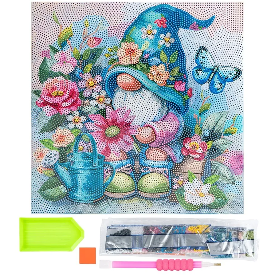 Diamond-Painting-Bild auf Keilrahmen, Wichtel mit Blumen, 30cm x 30cm, inkl. Werkzeug