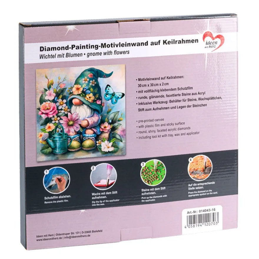 Diamond-Painting-Bild auf Keilrahmen, Wichtel mit Blumen, 30cm x 30cm, inkl. Werkzeug