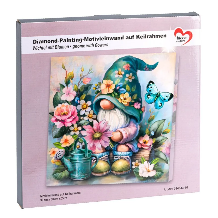 Diamond-Painting-Bild auf Keilrahmen, Wichtel mit Blumen, 30cm x 30cm, inkl. Werkzeug