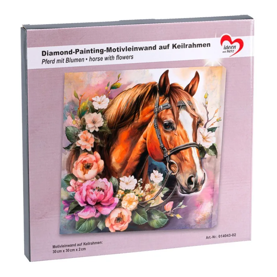 Diamond-Painting-Bild auf Keilrahmen, Pferd mit Blumen, 30cm x 30cm, inkl. Werkzeug