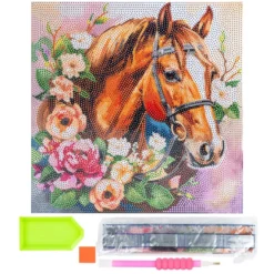 Diamond-Painting-Bild auf Keilrahmen, Pferd mit Blumen, 30cm x 30cm, inkl. Werkzeug