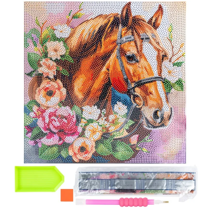 Diamond-Painting-Bild auf Keilrahmen, Pferd mit Blumen, 30cm x 30cm, inkl. Werkzeug