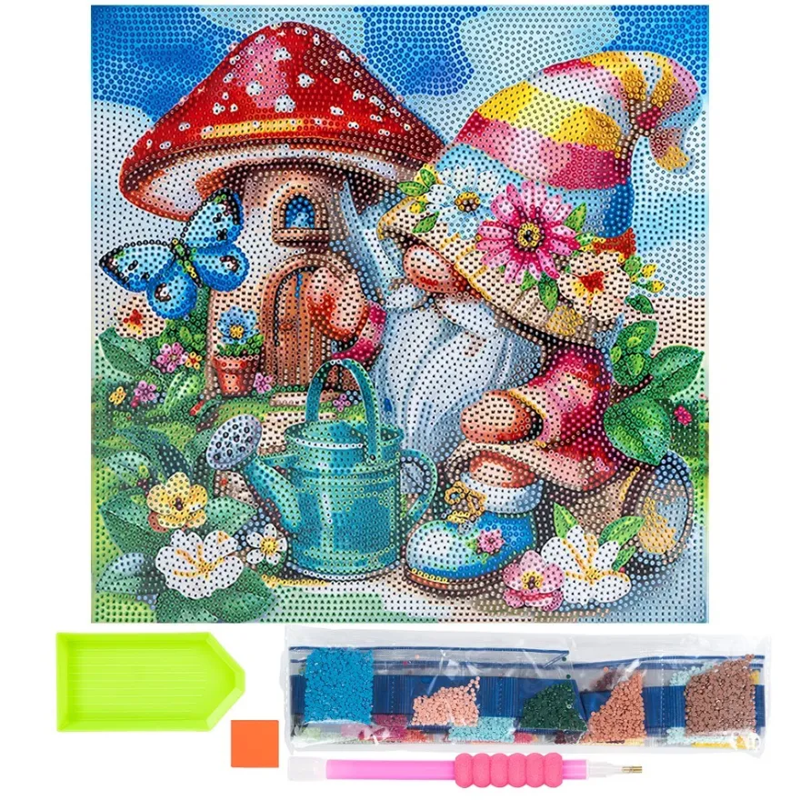 Diamond-Painting-Bild auf Keilrahmen, Wichtel mit Pilzhaus, 30cm x 30cm, inkl. Werkzeug