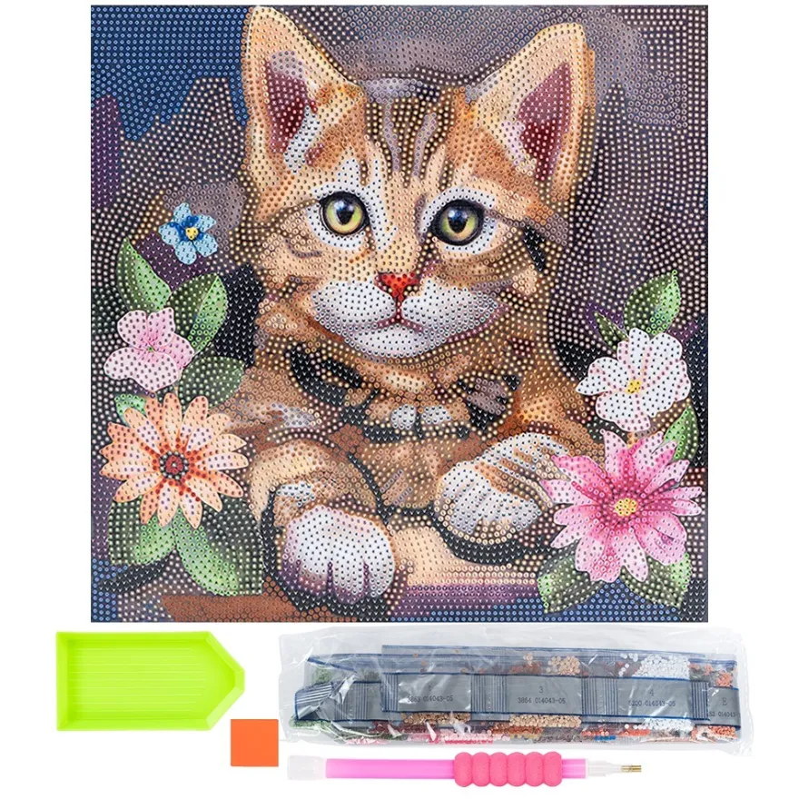 Diamond-Painting-Bild auf Keilrahmen, Katze mit Blumen, 30cm x 30cm, inkl. Werkzeug