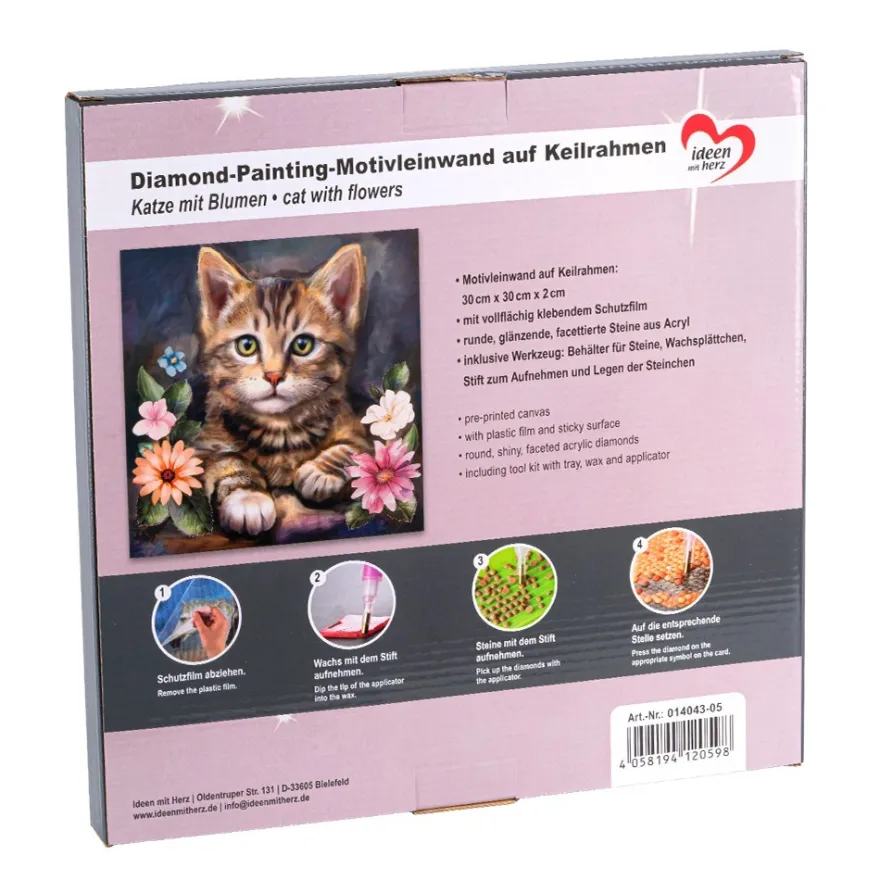 Diamond-Painting-Bild auf Keilrahmen, Katze mit Blumen, 30cm x 30cm, inkl. Werkzeug