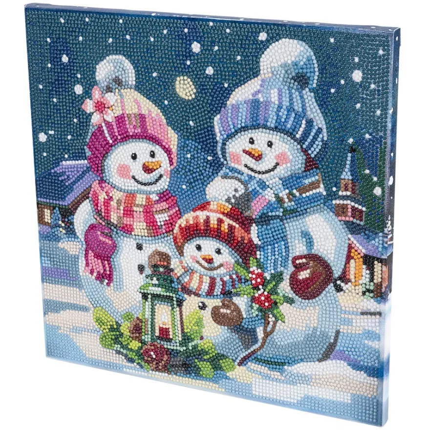 Diamond-Painting-Bild auf Keilrahmen, Schneemannfamilie 2, 30cm x 30cm, inkl. Werkzeug