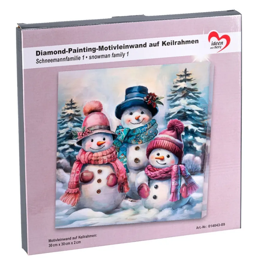 Diamond-Painting-Bild auf Keilrahmen, Schneemannfamilie 1, 30cm x 30cm, inkl. Werkzeug