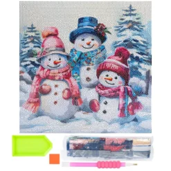 Diamond-Painting-Bild auf Keilrahmen, Schneemannfamilie 1, 30cm x 30cm, inkl. Werkzeug