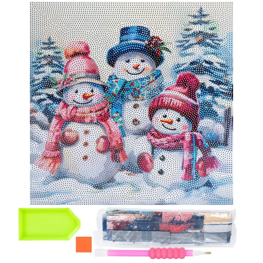 Diamond-Painting-Bild auf Keilrahmen, Schneemannfamilie 1, 30cm x 30cm, inkl. Werkzeug