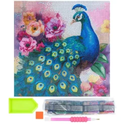 Diamond-Painting-Bild auf Keilrahmen, Pfau, 30cm x 30cm, inkl. Werkzeug
