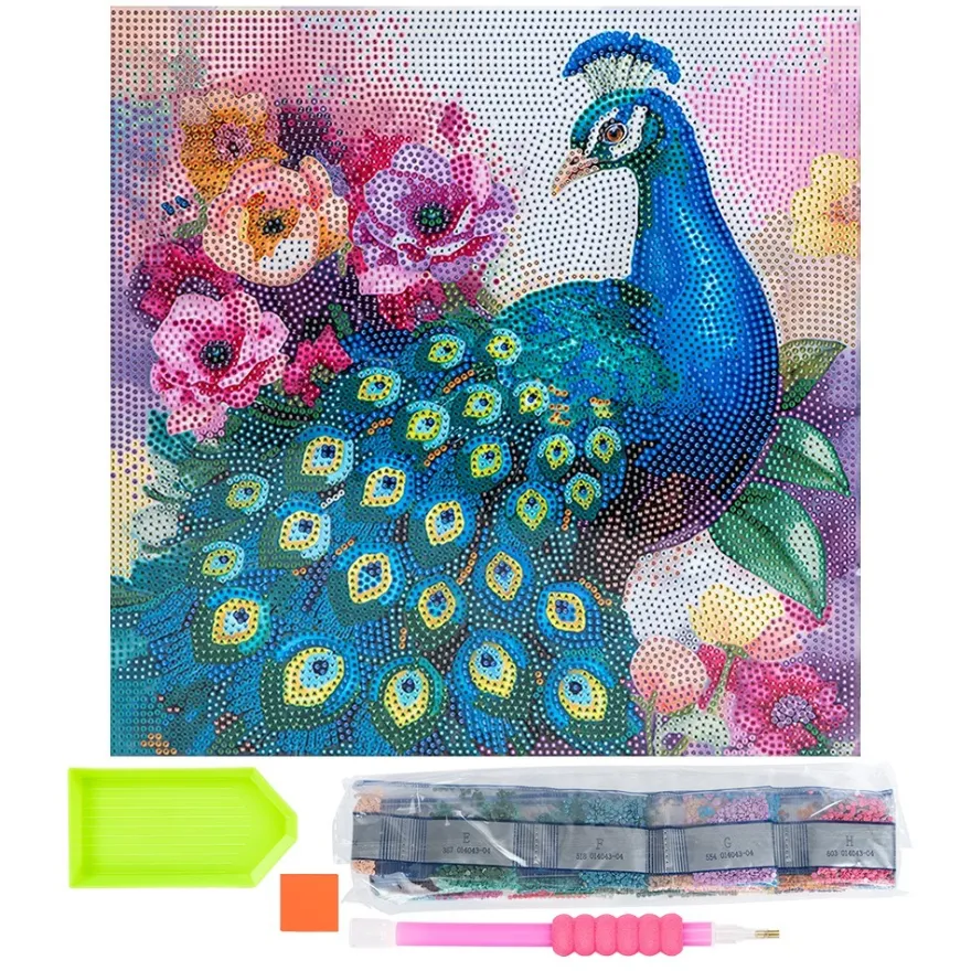 Diamond-Painting-Bild auf Keilrahmen, Pfau, 30cm x 30cm, inkl. Werkzeug