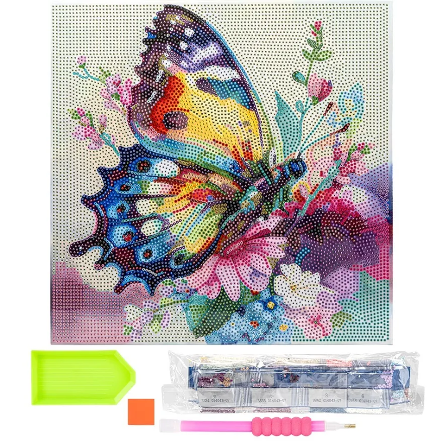 Diamond-Painting-Bild auf Keilrahmen, Schmetterling mit Blumen, 30cm x 30cm, inkl. Werkzeug