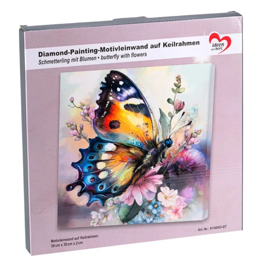 Diamond-Painting-Bild auf Keilrahmen, Schmetterling mit Blumen, 30cm x 30cm, inkl. Werkzeug