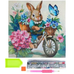 Diamond-Painting-Bild auf Keilrahmen, Hase mit Fahrrad, 30cm x 30cm, inkl. Werkzeug