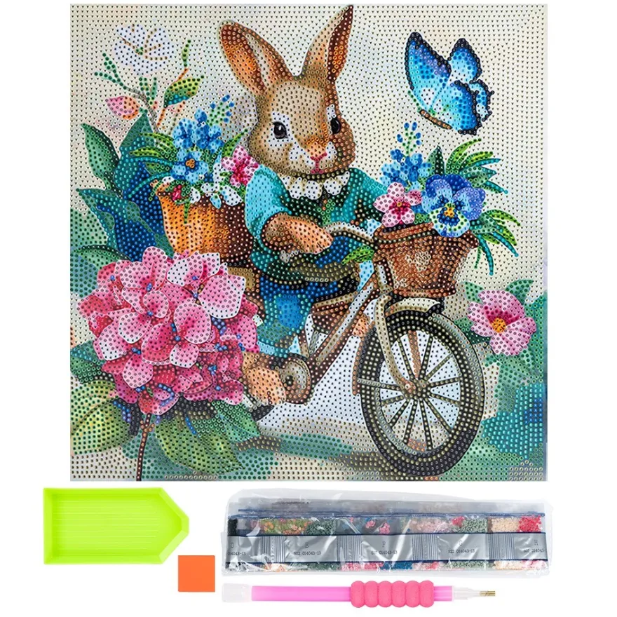 Diamond-Painting-Bild auf Keilrahmen, Hase mit Fahrrad, 30cm x 30cm, inkl. Werkzeug