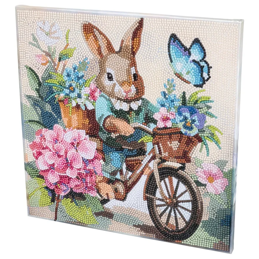 Diamond-Painting-Bild auf Keilrahmen, Hase mit Fahrrad, 30cm x 30cm, inkl. Werkzeug