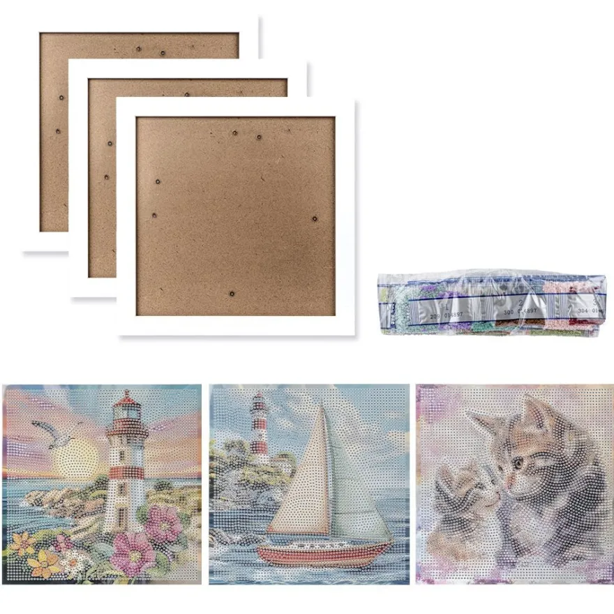 3 Diamond-Painting-Bilder & 3 Bilderrahmen, versch. Designs Leuchtturm, Segelboot, Katzen, 6-teilig